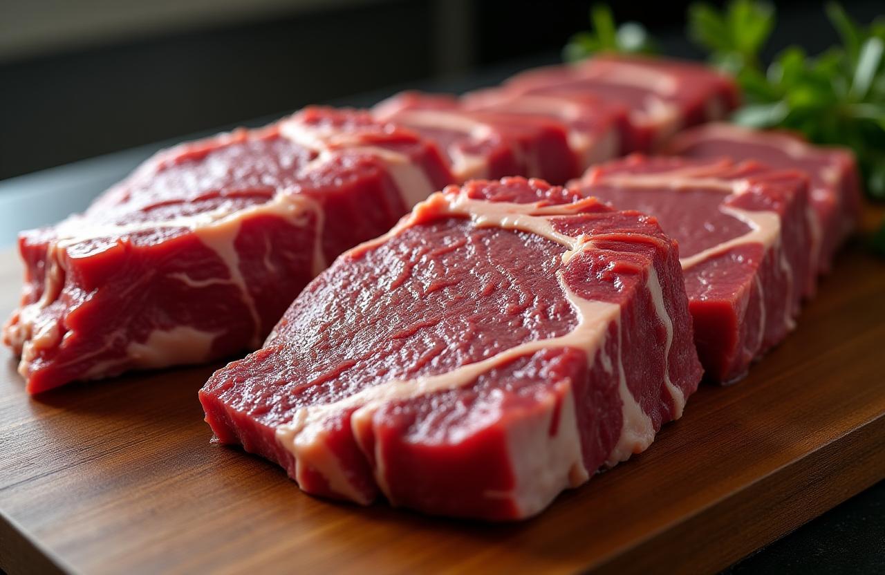 A selection of premium barbecue meats including brisket and ribs on a wooden board