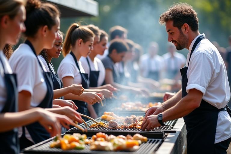 A group of people learning grilling techniques in a cooking class