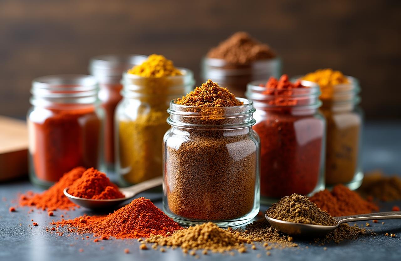 Mason jars filled with colorful gourmet grilling spices and dry rubs
