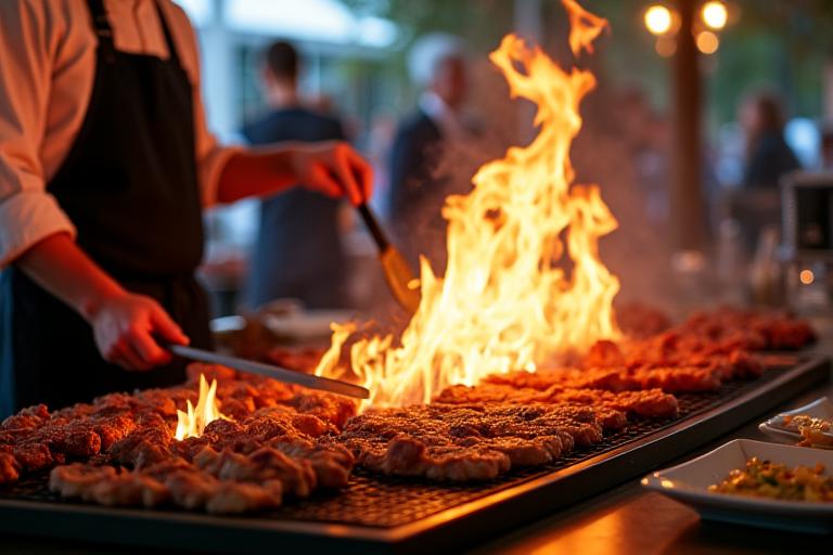Chef grilling meats over an open fire at a corporate catering event