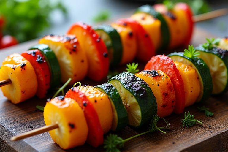 Colorful skewers of grilled vegetables and plant-based proteins