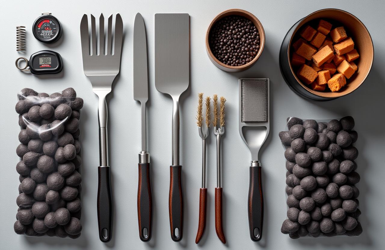 A professional layout of barbecue tools, wood chips, and charcoal